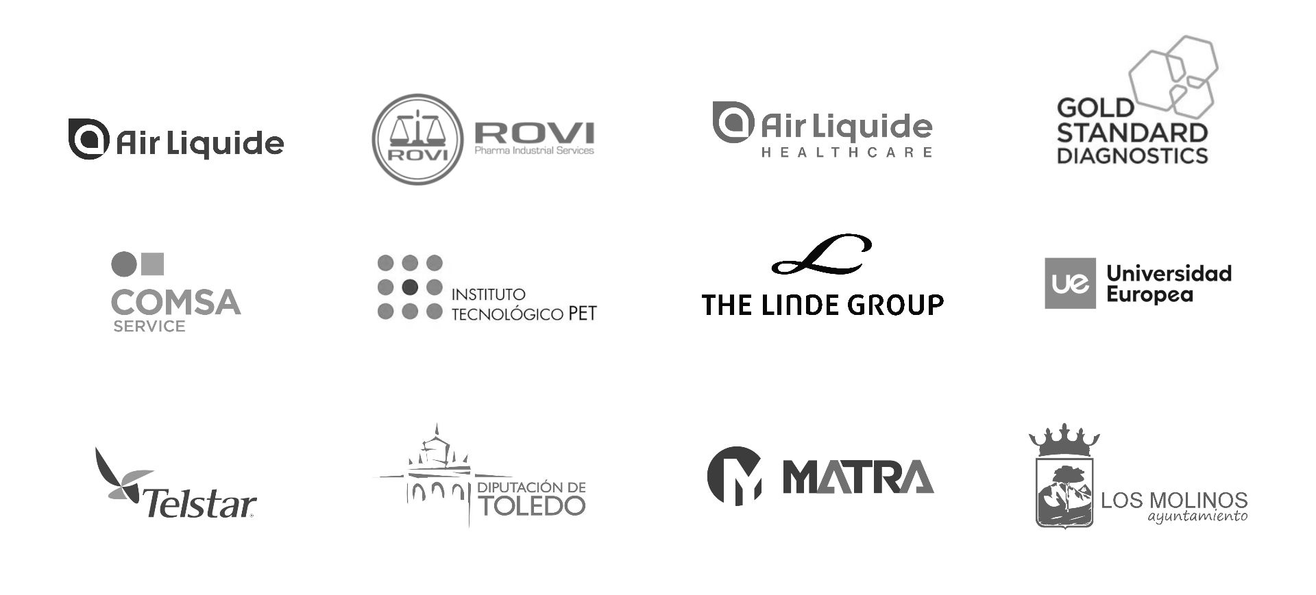 Selected clients — Air Liquide, ROVI, Air Liquide Healthcare, Gold Standard Diagnostics, COMSA Service, Instituto Tecnológico PET, The Linde Group, Universidad Europea, Telstar, Diputación de Toledo, MATRA, Los Molinos Ayuntamiento